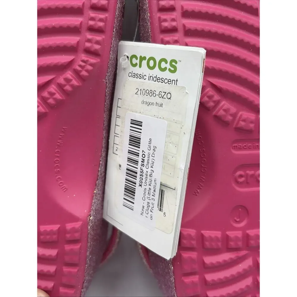 Crocs Classic Chunky Glitter Clog Iridescent Dragon Fruit Pink Kids Size J3 NWT